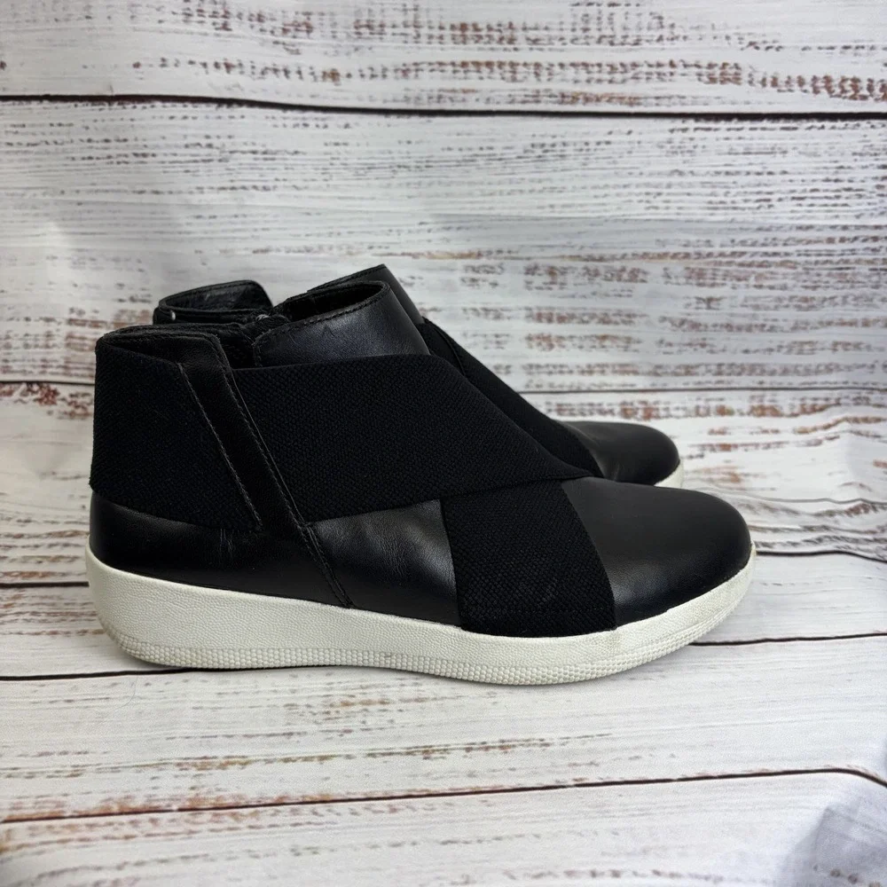 Fitflop Boots 6.5‎ Womens Black Superflex Leather Bootie Wedge Round Toe Low Zip